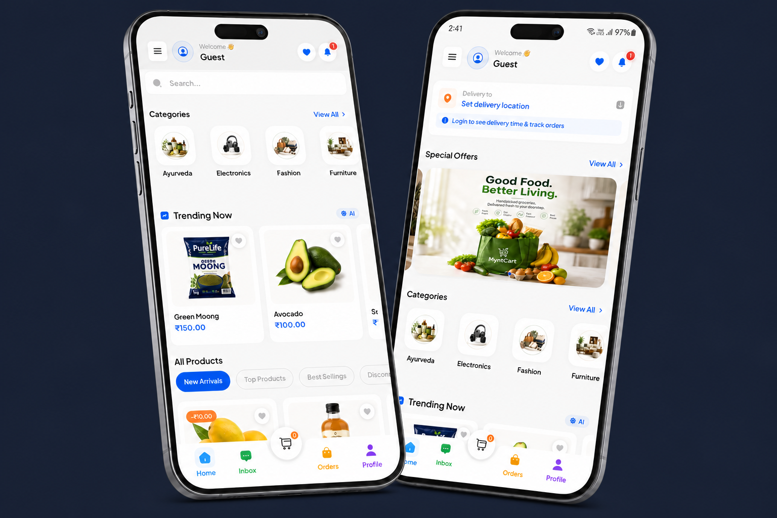 Two MyntCart customer app screens showing shopping categories, products, offers, and delivery options
