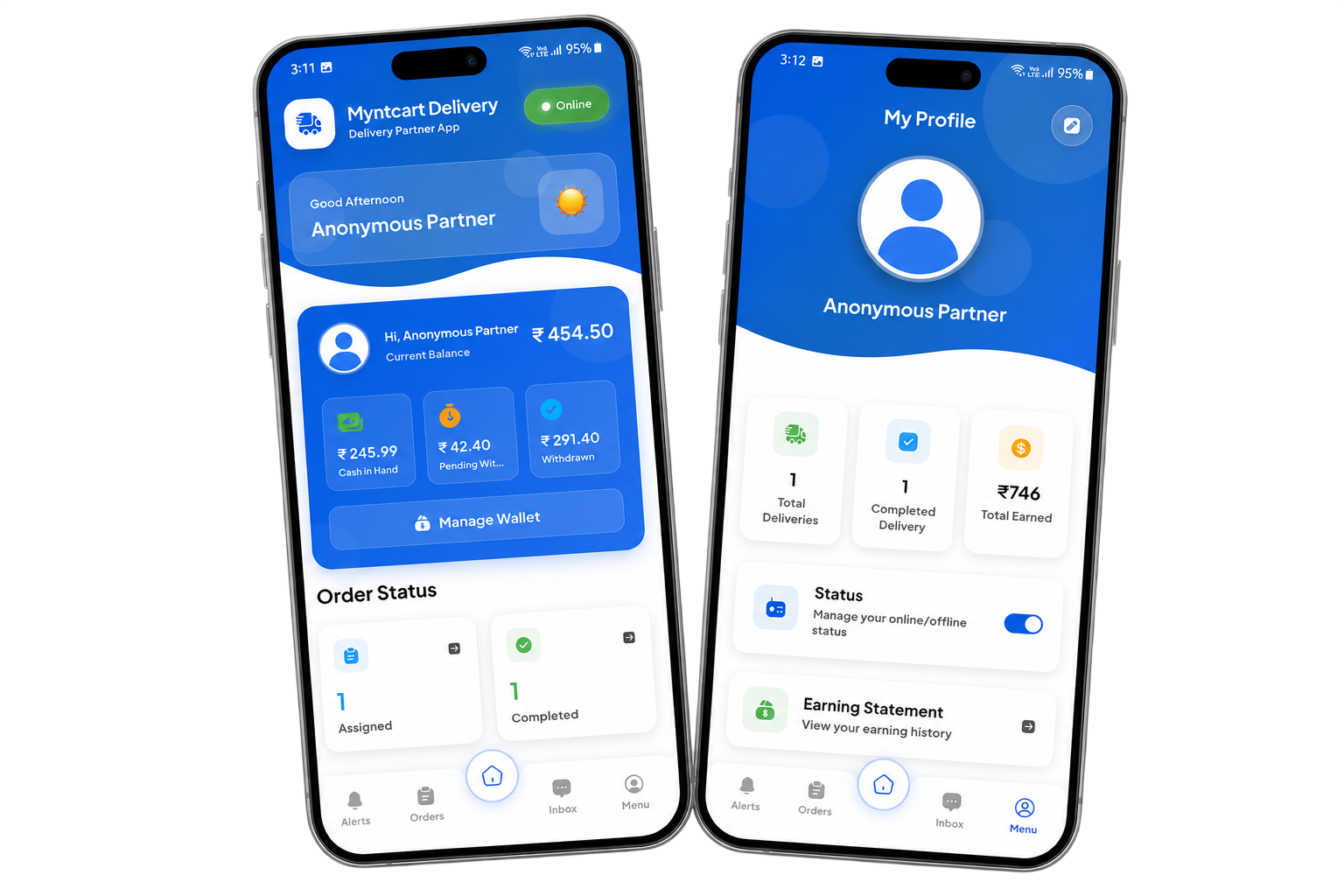 Two anonymized MyntCart delivery app screens showing the partner dashboard, wallet, orders, profile, and earnings