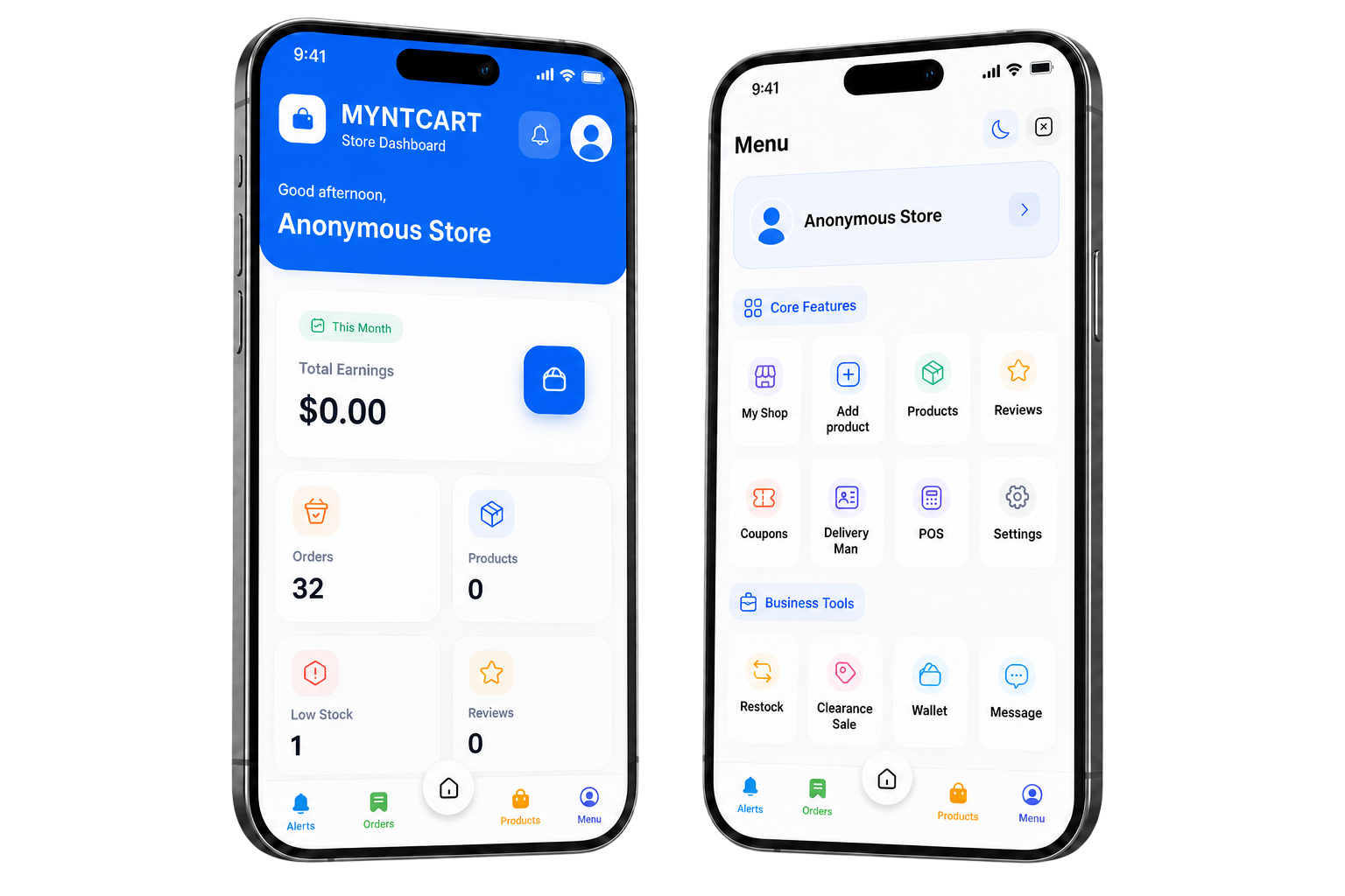 Two anonymized MyntCart store app screens showing the dashboard and store tools menu