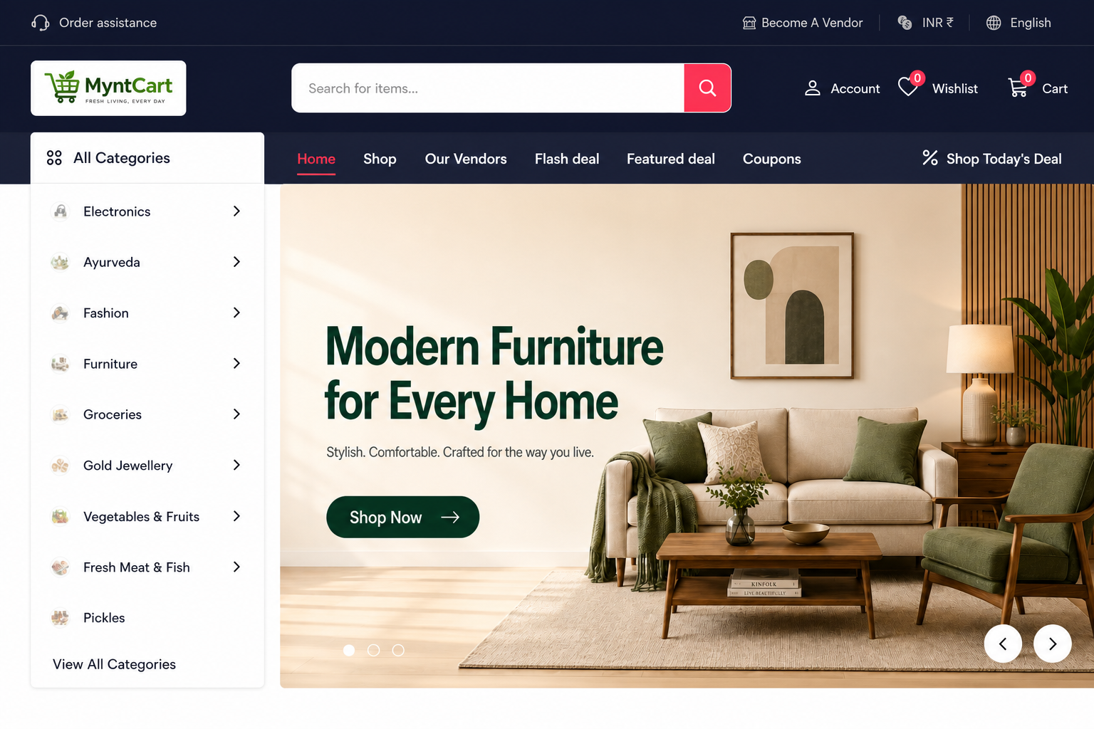 MyntCart Modern storefront with category navigation and a furniture promotion