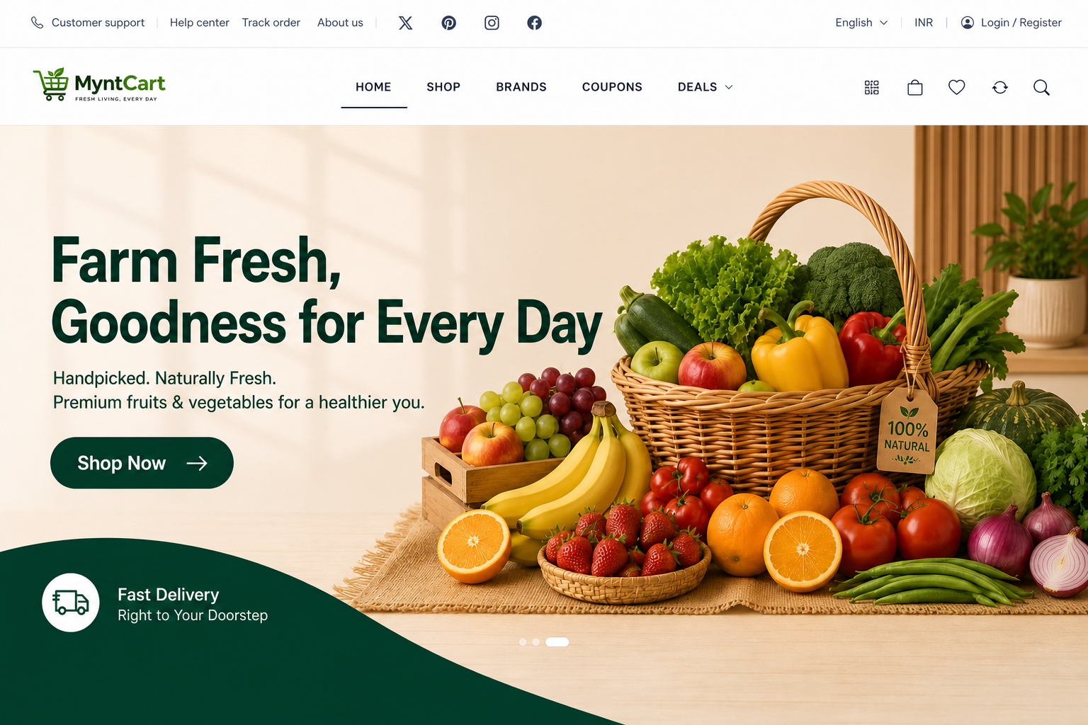MyntCart Semi-Classic storefront with streamlined navigation and a fresh produce promotion