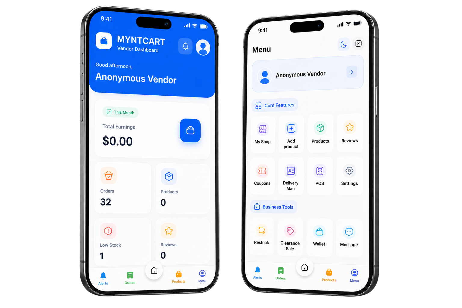 Two anonymized MyntCart vendor app screens showing the dashboard and vendor tools menu